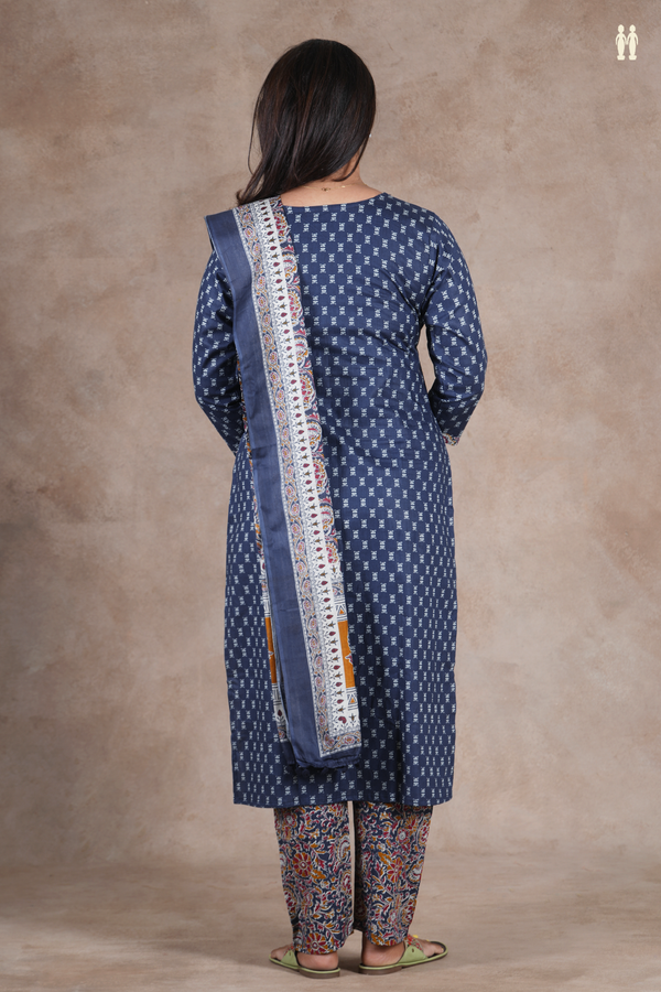 Split Neck Printed Design Blue Cotton Salwar Set