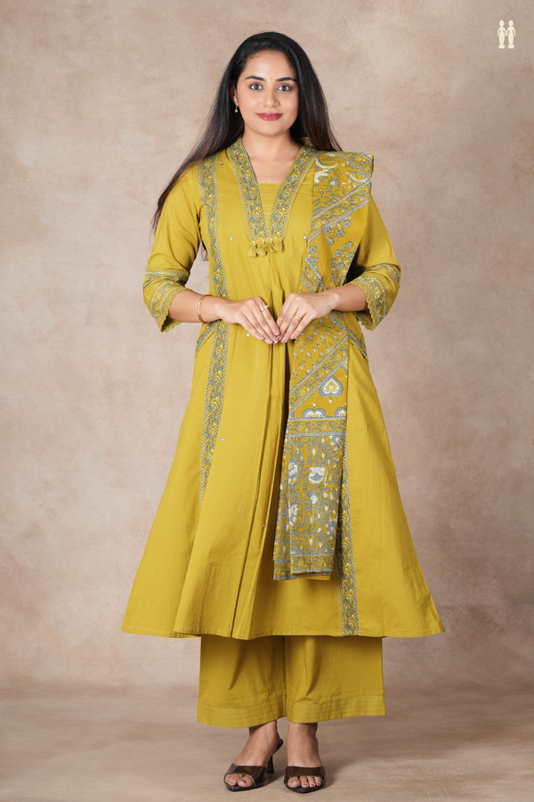 V-Neck Mirror Work Buttis Olive Yellow Cotton Salwar Set