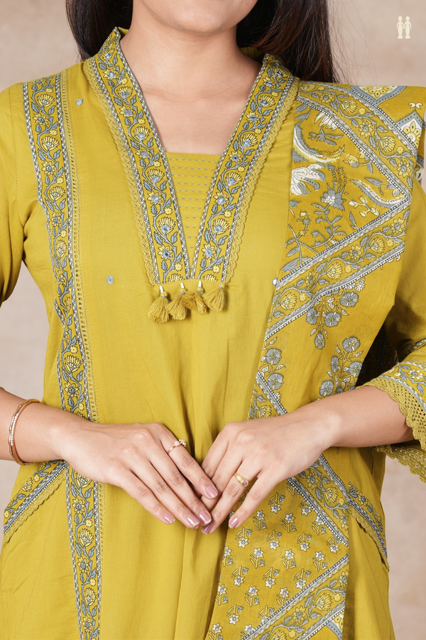 V-Neck Mirror Work Buttis Olive Yellow Cotton Salwar Set