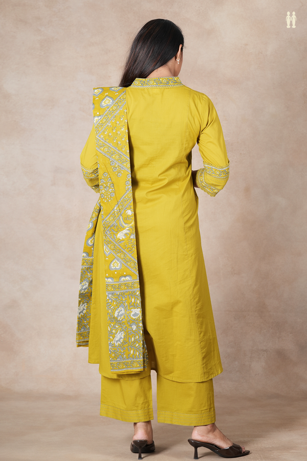 V-Neck Mirror Work Buttis Olive Yellow Cotton Salwar Set