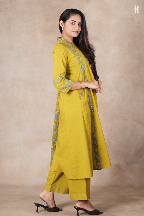 V-Neck Mirror Work Buttis Olive Yellow Cotton Salwar Set