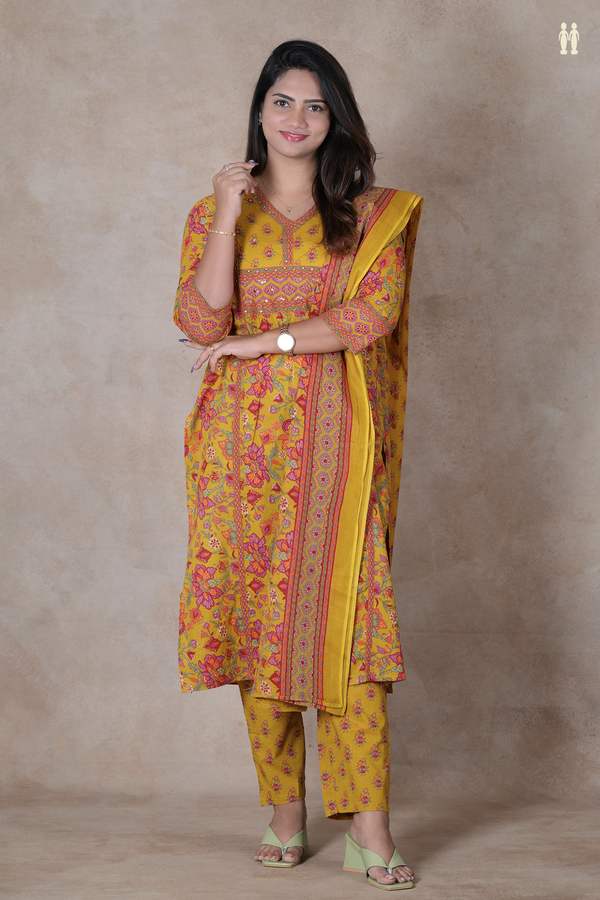 V-Neck Floral Design Golden Yellow Cotton Salwar Set