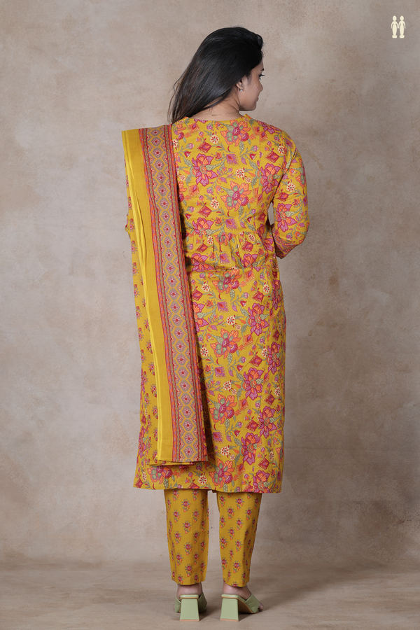 V-Neck Floral Design Golden Yellow Cotton Salwar Set