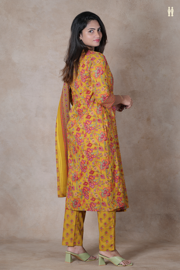V-Neck Floral Design Golden Yellow Cotton Salwar Set