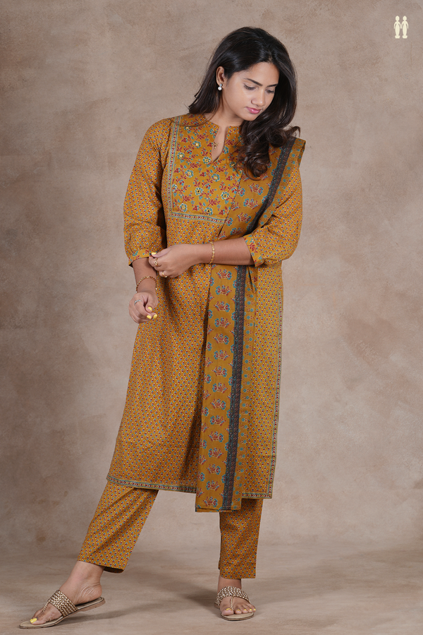 Mandarin Neck Printed Design Golden Brown Cotton Salwar Set