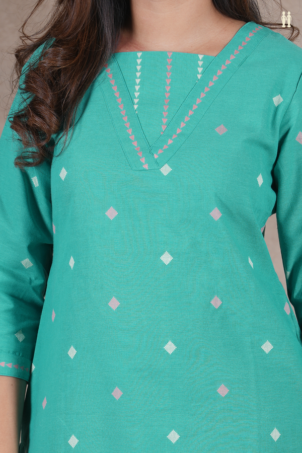 V- Neck Threadwork Buttas Green Cotton Salwar Set