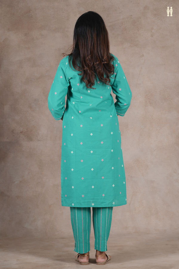 V- Neck Threadwork Buttas Green Cotton Salwar Set