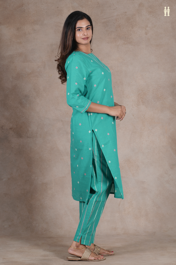 V- Neck Threadwork Buttas Green Cotton Salwar Set