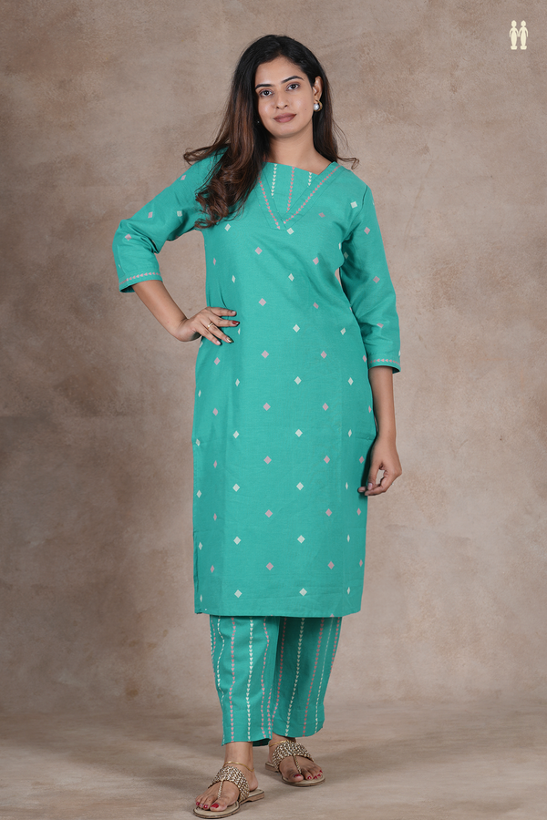 V- Neck Threadwork Buttas Green Cotton Salwar Set
