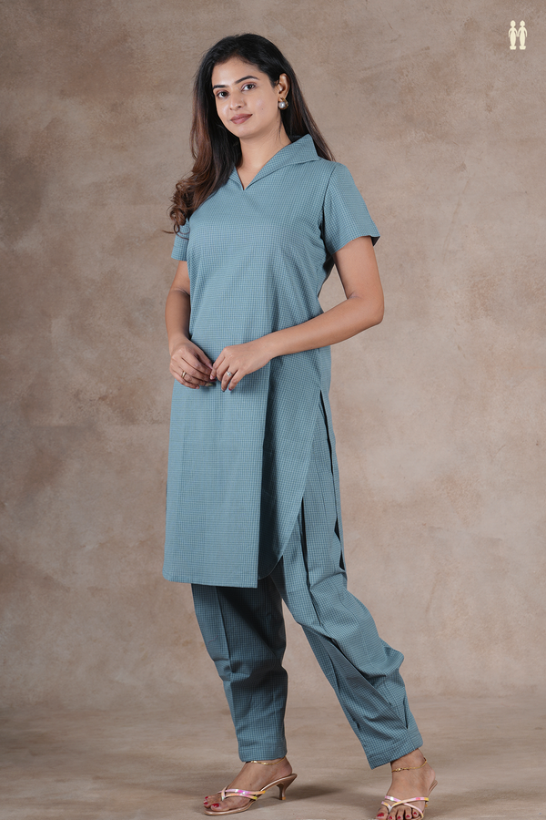 Open Collar Checks Design Dusty Blue Cotton Salwar Set
