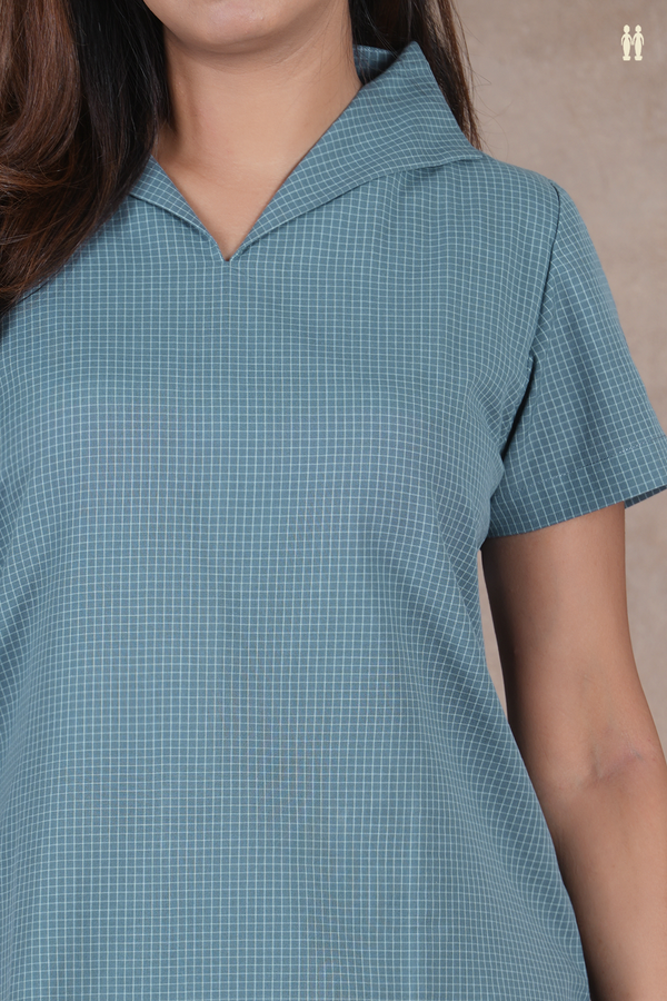 Open Collar Checks Design Dusty Blue Cotton Salwar Set