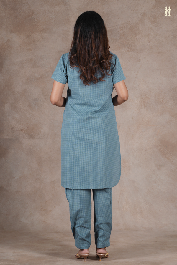 Open Collar Checks Design Dusty Blue Cotton Salwar Set