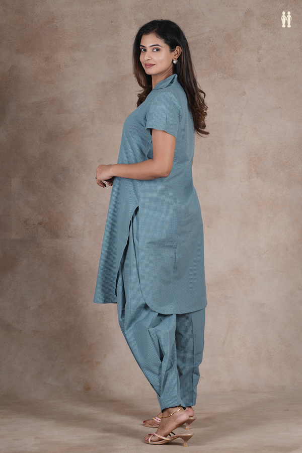 Open Collar Checks Design Dusty Blue Cotton Salwar Set