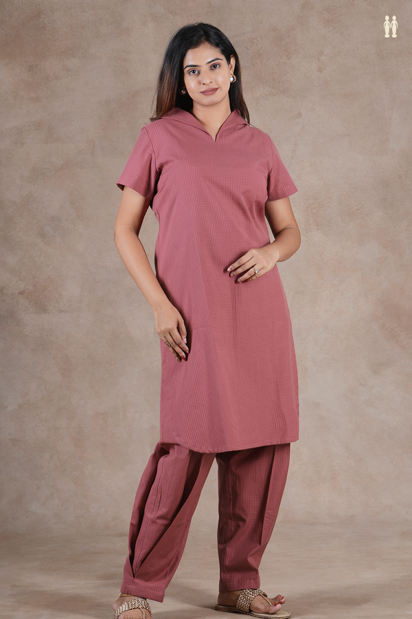 Open Collar Checks Design Dusty Red Cotton Salwar Set