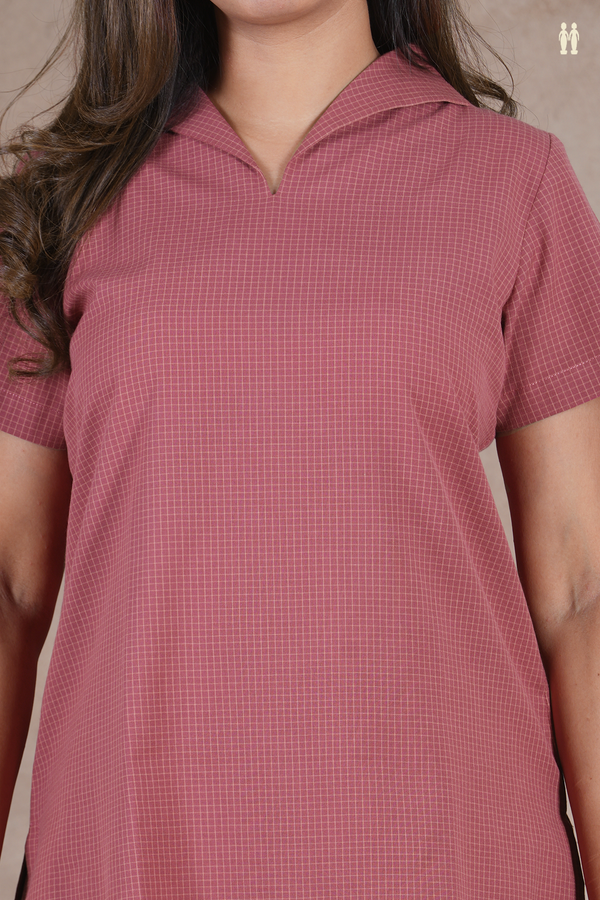Open Collar Checks Design Dusty Red Cotton Salwar Set