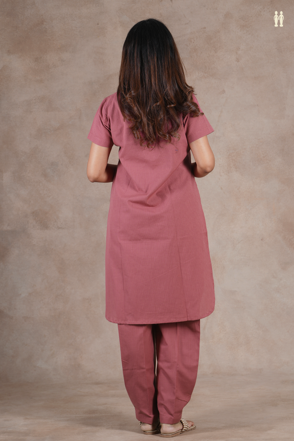 Open Collar Checks Design Dusty Red Cotton Salwar Set