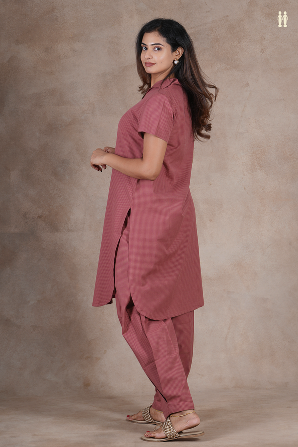 Open Collar Checks Design Dusty Red Cotton Salwar Set