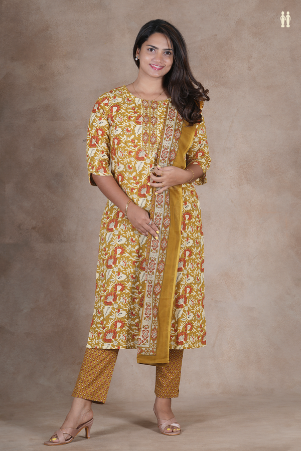 Round Neck Floral Design Golden Yellow Cotton Salwar Set