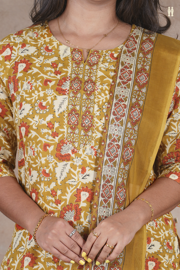 Round Neck Floral Design Golden Yellow Cotton Salwar Set