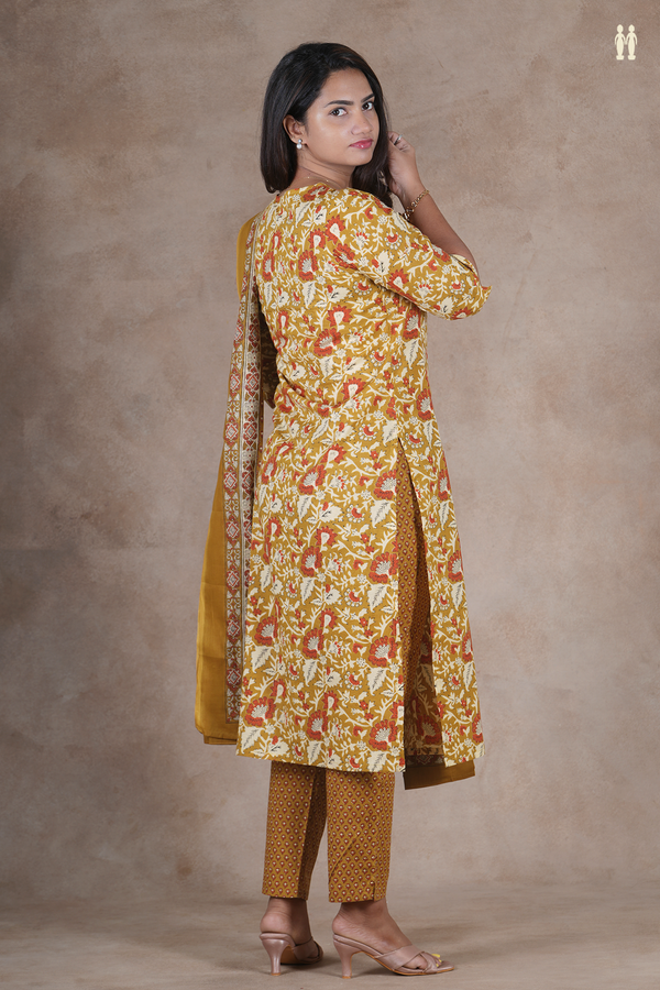 Round Neck Floral Design Golden Yellow Cotton Salwar Set