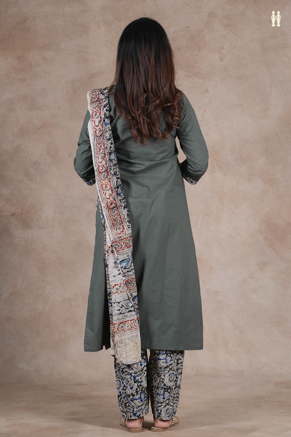 V-Neck Threadwork Design Greyish Green Cotton Salwar Set