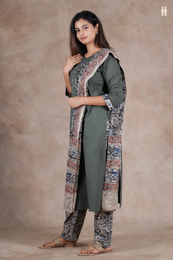 V-Neck Threadwork Design Greyish Green Cotton Salwar Set