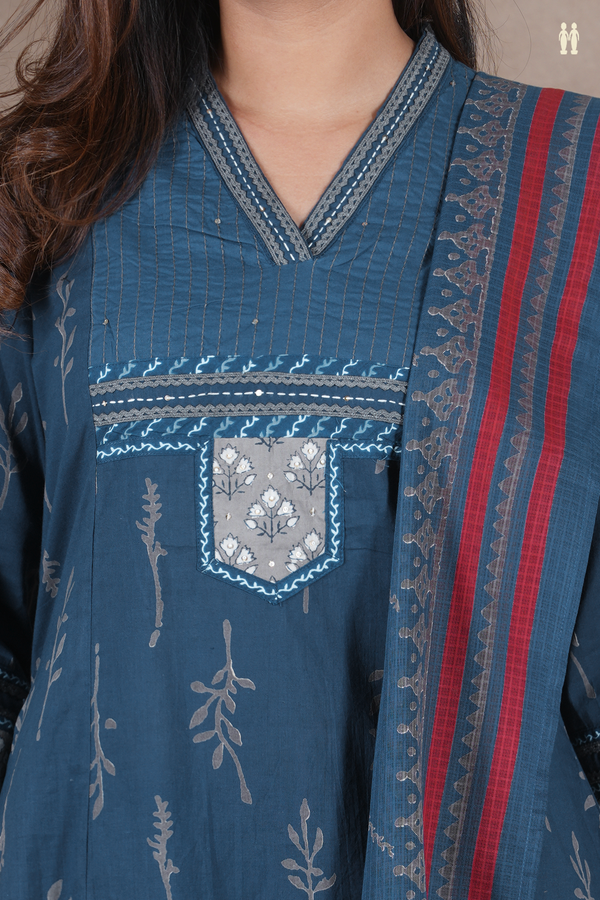 V-Neck Printed Design Prussian Blue Cotton Salwar Set
