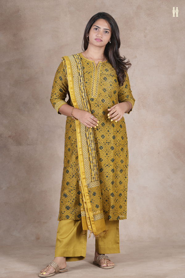 Split Neck Printed Design Golden Brown Cotton Salwar Set