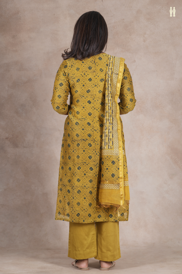 Split Neck Printed Design Golden Brown Cotton Salwar Set