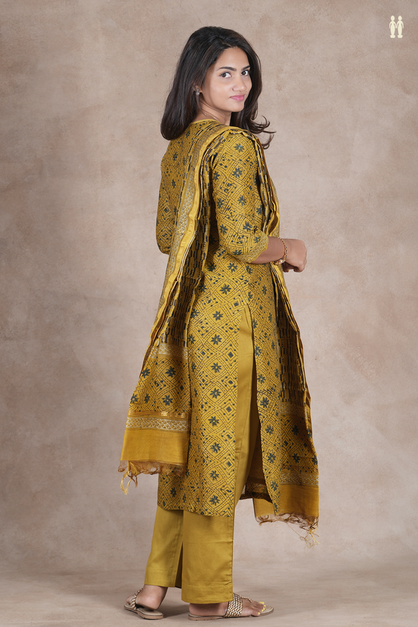 Split Neck Printed Design Golden Brown Cotton Salwar Set