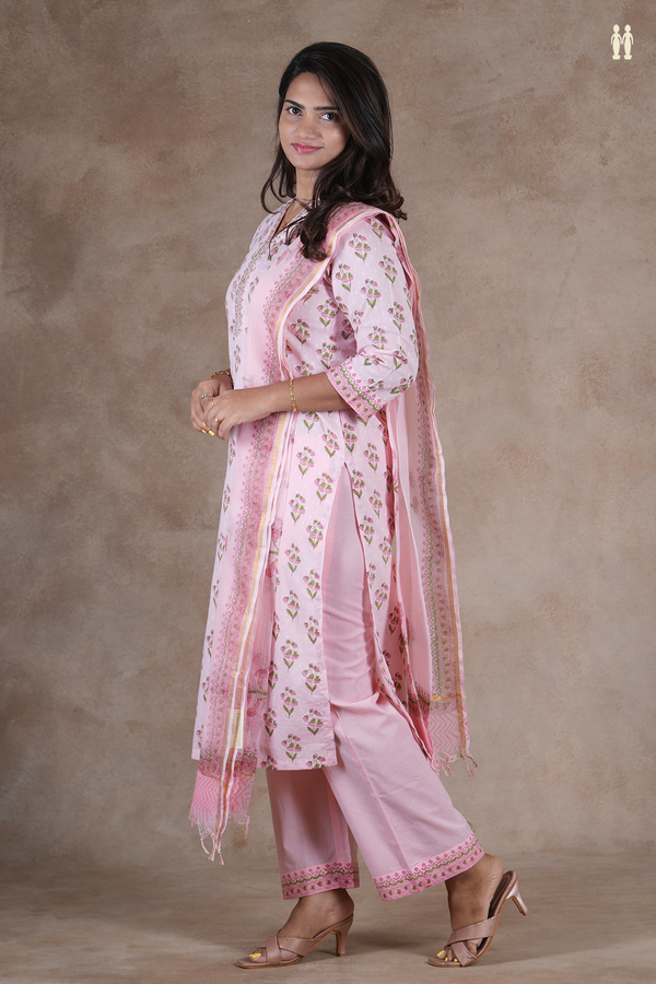 V-Neck Floral Printed Pink Cotton Salwar Set