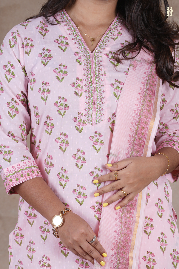 V-Neck Floral Printed Pink Cotton Salwar Set