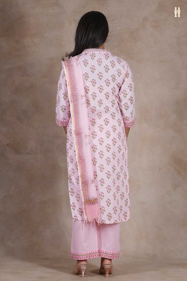 V-Neck Floral Printed Pink Cotton Salwar Set