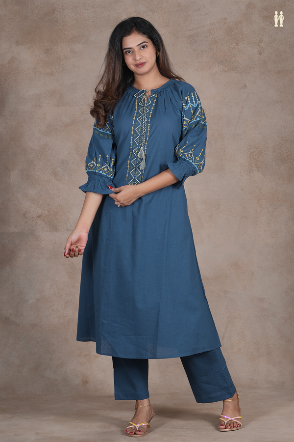 Round Neck Threadwork Design Prussian Blue Cotton Salwar Set