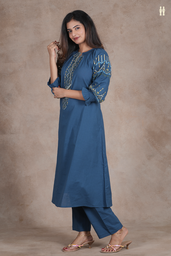 Round Neck Threadwork Design Prussian Blue Cotton Salwar Set