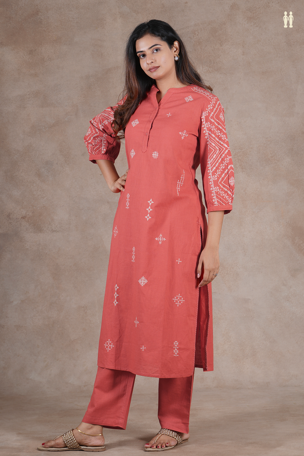 Mandarin Neck Threadwork Design Orange Cotton Salwar Set