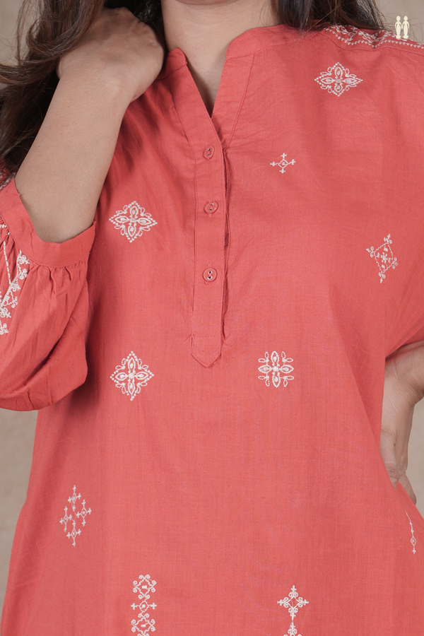 Mandarin Neck Threadwork Design Orange Cotton Salwar Set