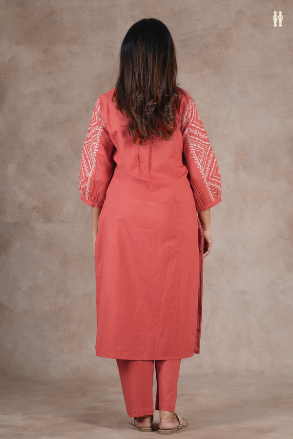 Mandarin Neck Threadwork Design Orange Cotton Salwar Set