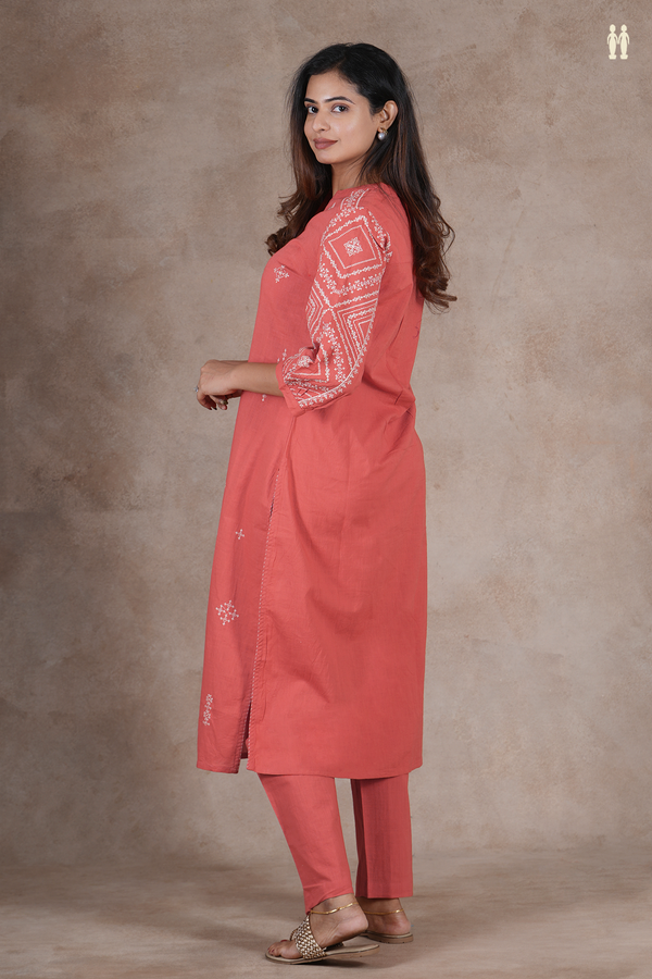 Mandarin Neck Threadwork Design Orange Cotton Salwar Set