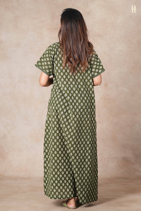 Round Neck Printed Design Olive Green Cotton Nightie