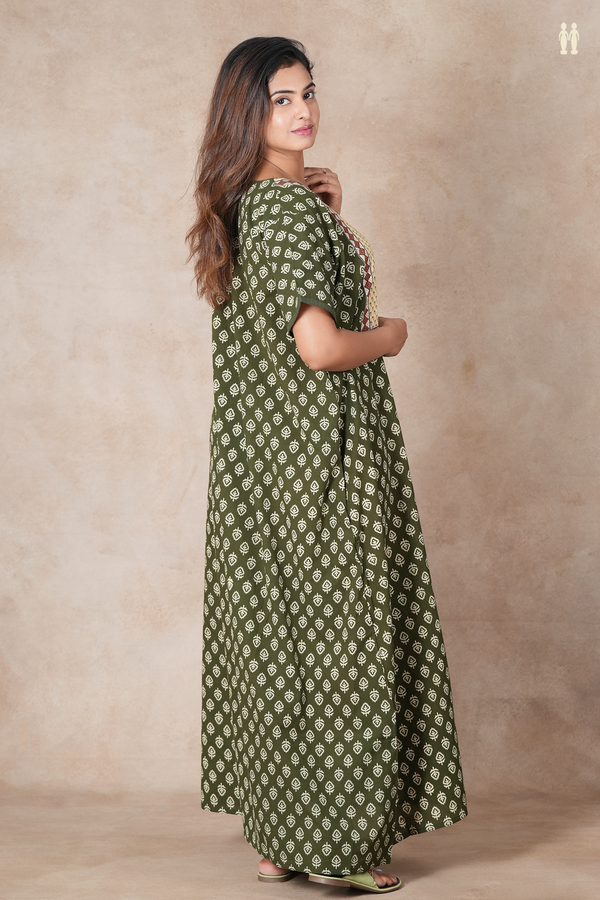 Round Neck Printed Design Olive Green Cotton Nightie