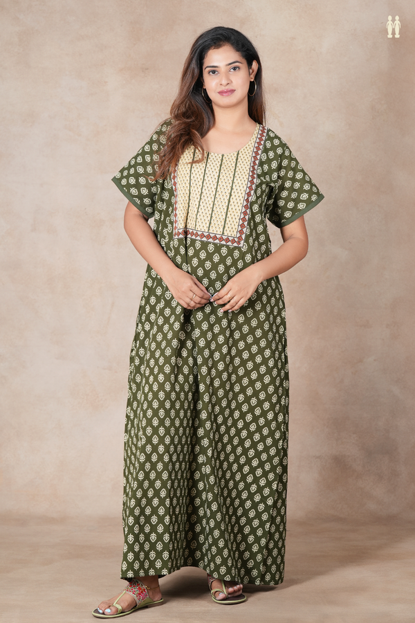Round Neck Printed Design Olive Green Cotton Nightie