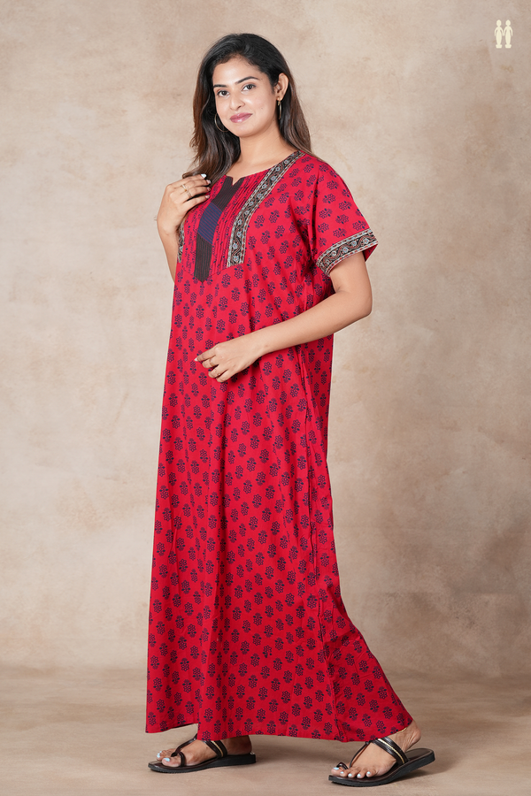 Split Neck Printed Design Red Cotton Nightie