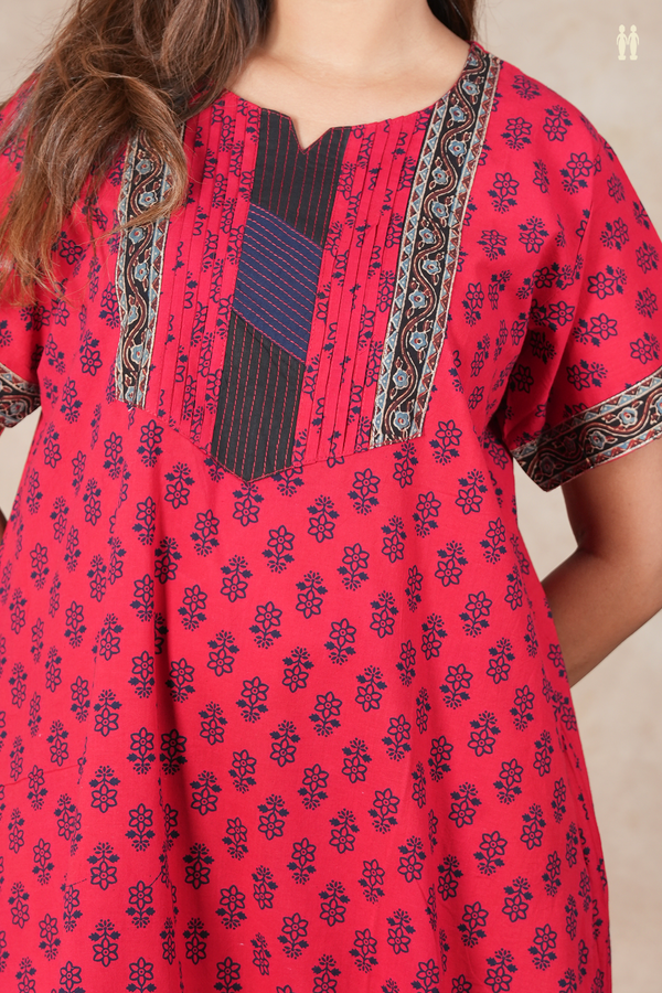 Split Neck Printed Design Red Cotton Nightie
