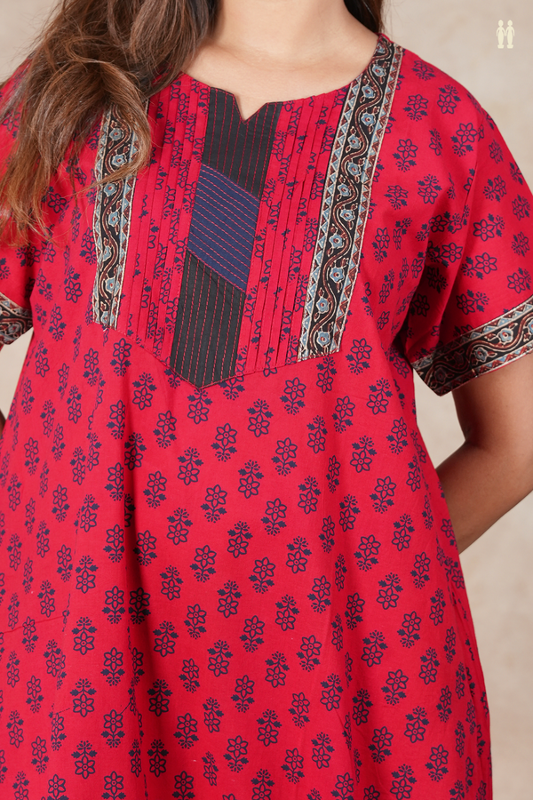 Split Neck Printed Design Red Cotton Nightie