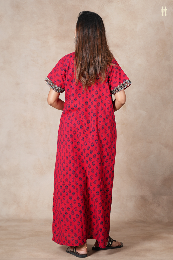 Split Neck Printed Design Red Cotton Nightie