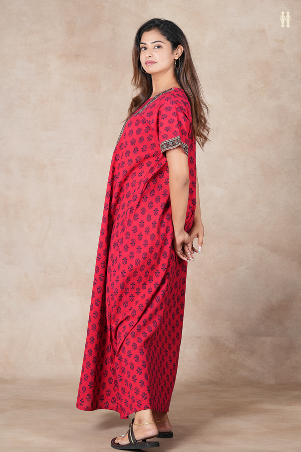 Split Neck Printed Design Red Cotton Nightie