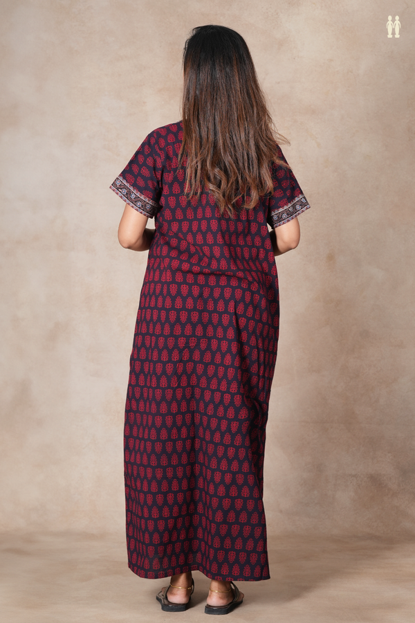 Split Neck Printed Design Black Cotton Nightie