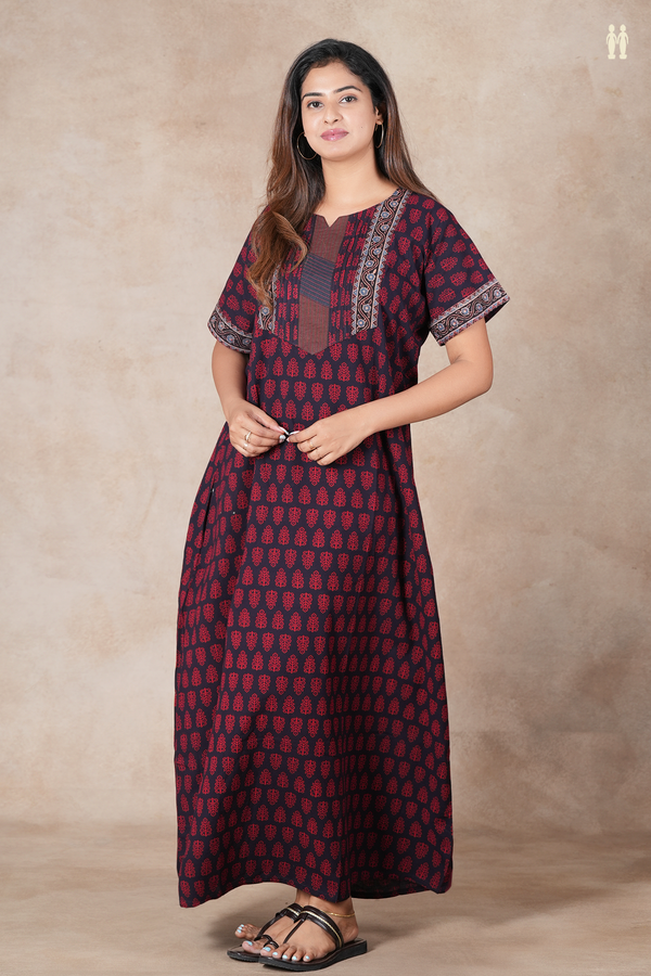 Split Neck Printed Design Black Cotton Nightie