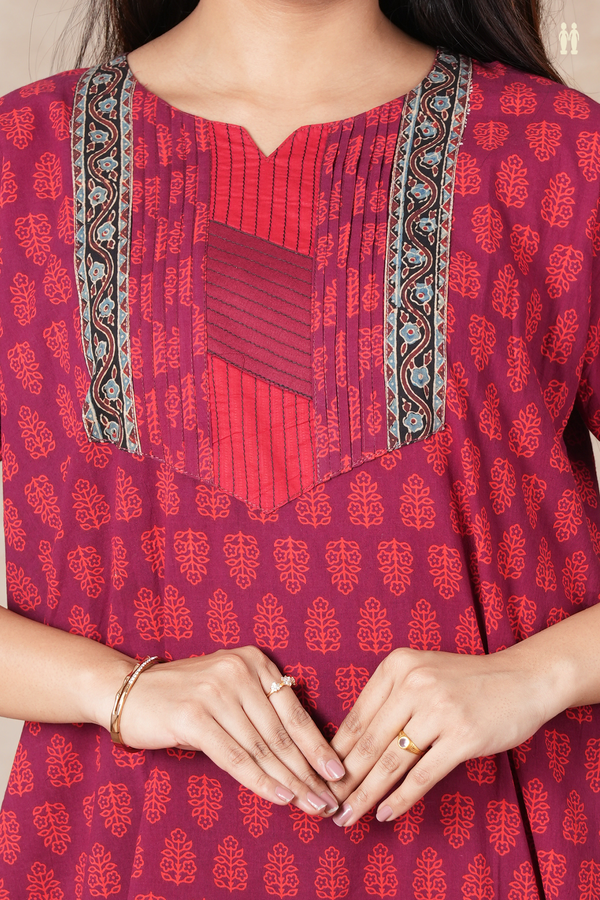 Split Neck Floral Design Ruby Red Cotton Nightie